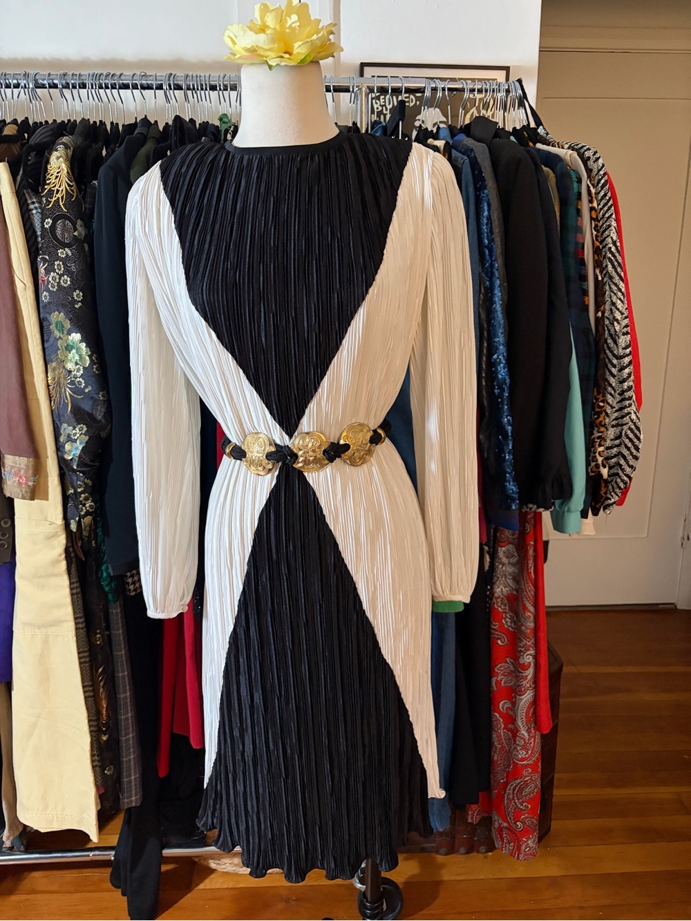 VTG 70s Hal Ferman PCF Petites Accordion Pleated Art Deco Geometric Dress - Picture 3 of 5
